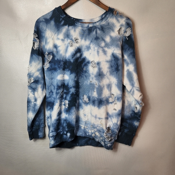 Don't Ask Why Distressed Crew Neck Sweatshirt Blue White - Picture 2 of 8